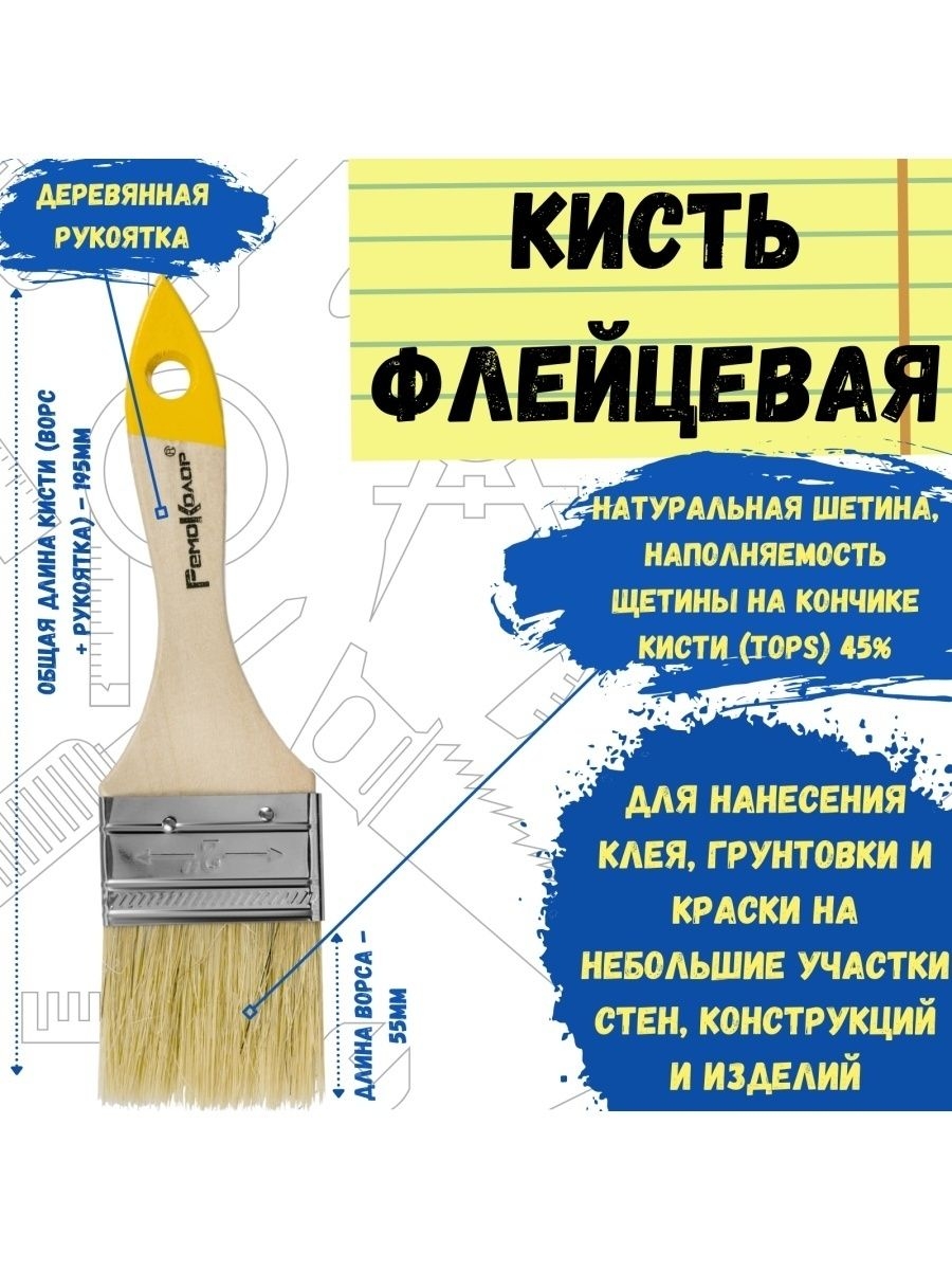 

Кисть малярная, кисточка плоская флейцевая натуральная 50мм, 01-1-420