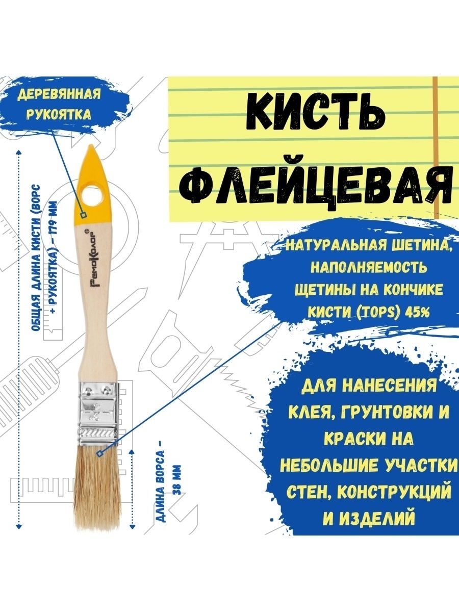 

Кисть малярная, кисточка плоская флейцевая натуральная 19мм, 01-1-434