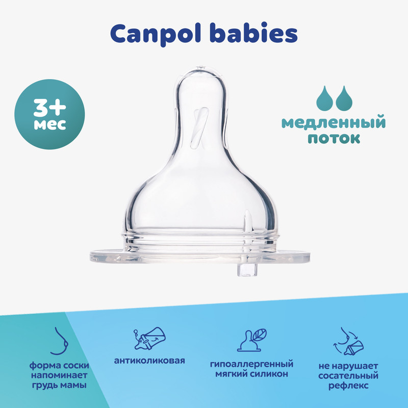 Соска для бутылочек Canpol EasyStart с широким горлом медленный поток силикон 3м 529₽