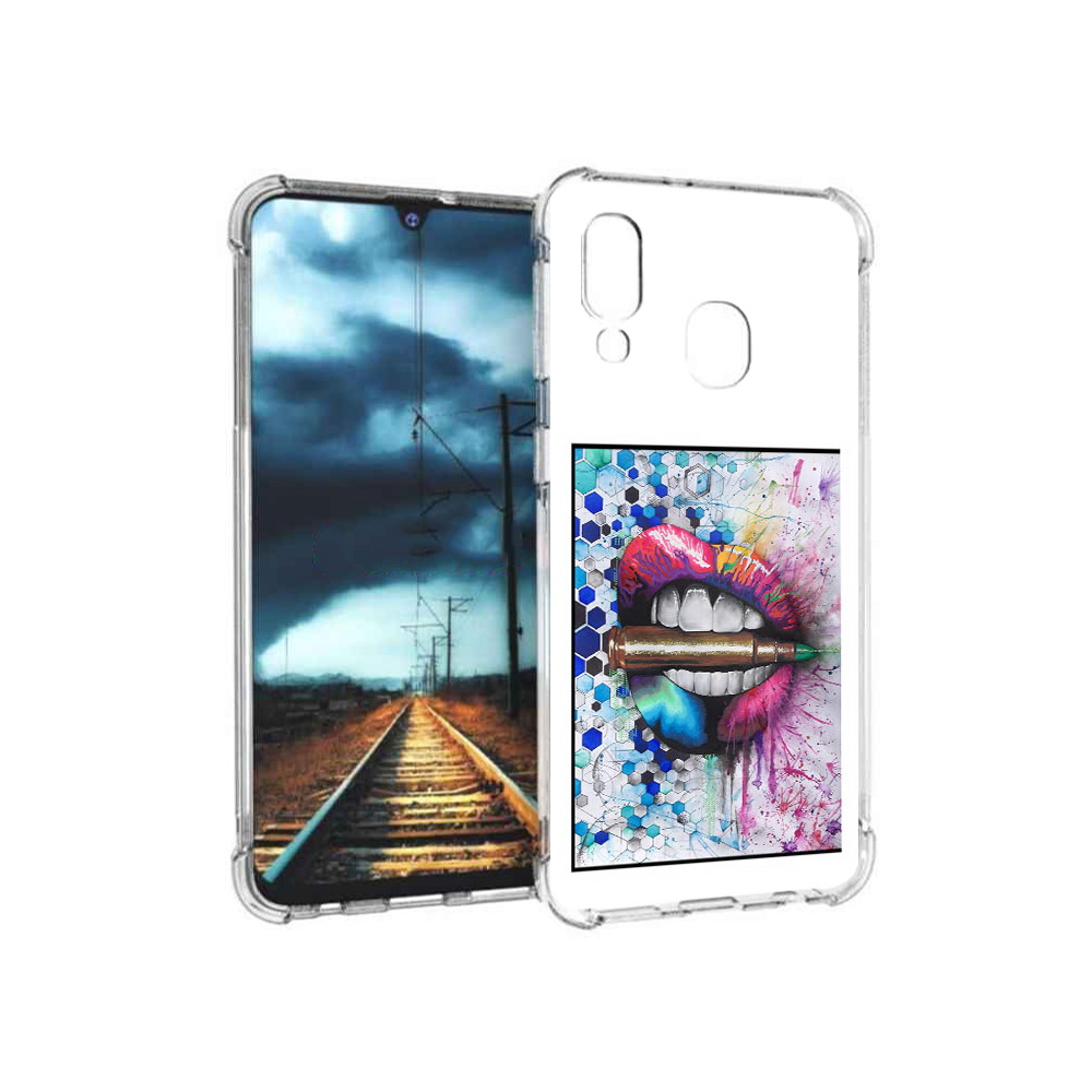 

Чехол MyPads Tocco для Samsung Galaxy A40 разноцветные губы с пулей (PT128655.504.571), Прозрачный, Tocco