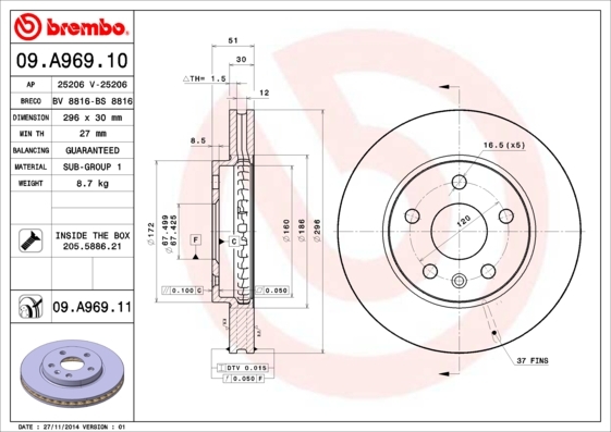 

Тормозной диск brembo комплект 1 шт. 09A96910