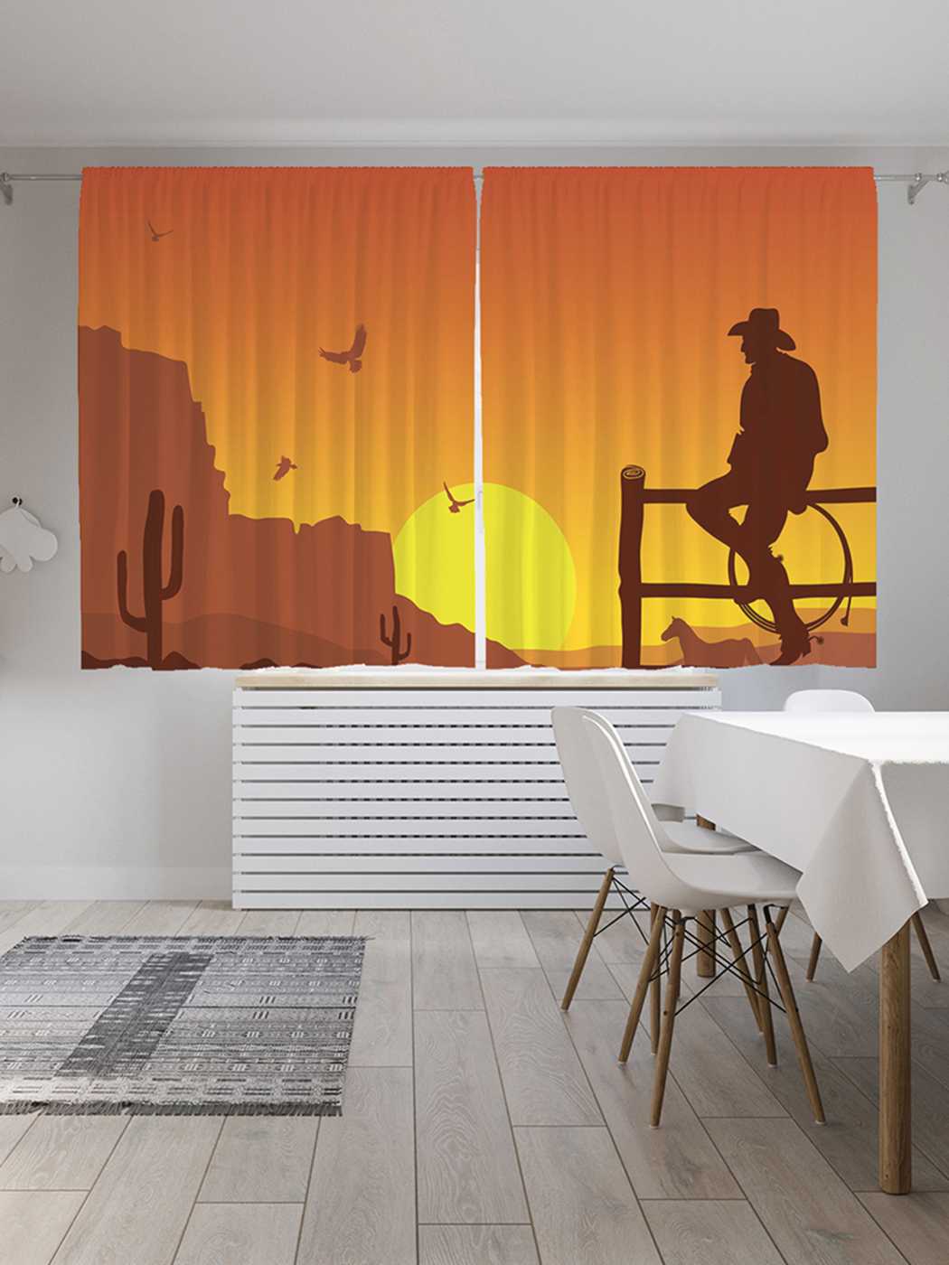 

Классические шторы JoyArty "Ковбой встречает закат", Oxford DeLux, 2 полотна 145x180 см, Ковбой встречает закат