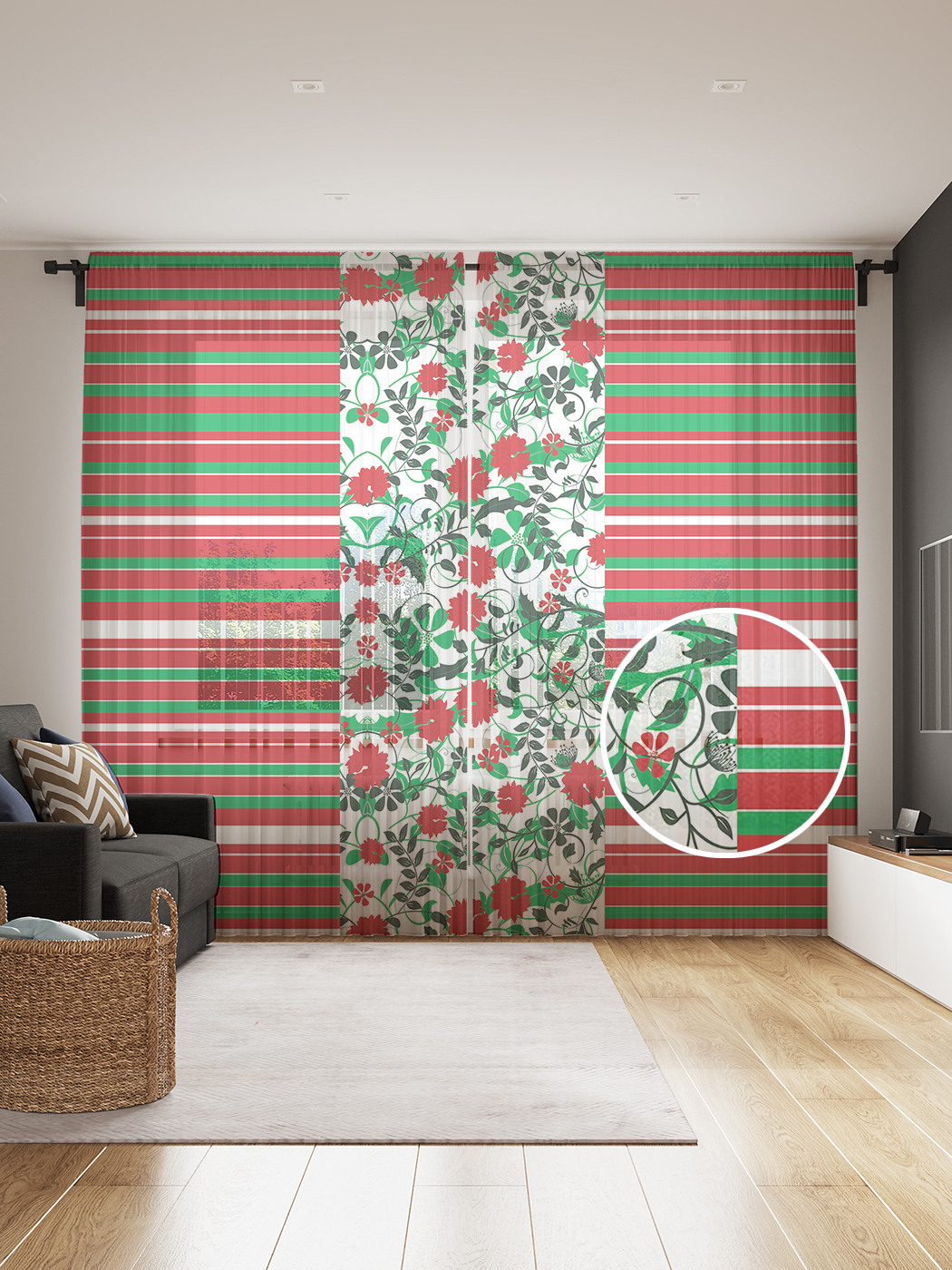 

Фототюль JoyArty "Цветы и полоски", 145x265см (2 полотна со шторной лентой + 50 крючков), Цветы и полоски