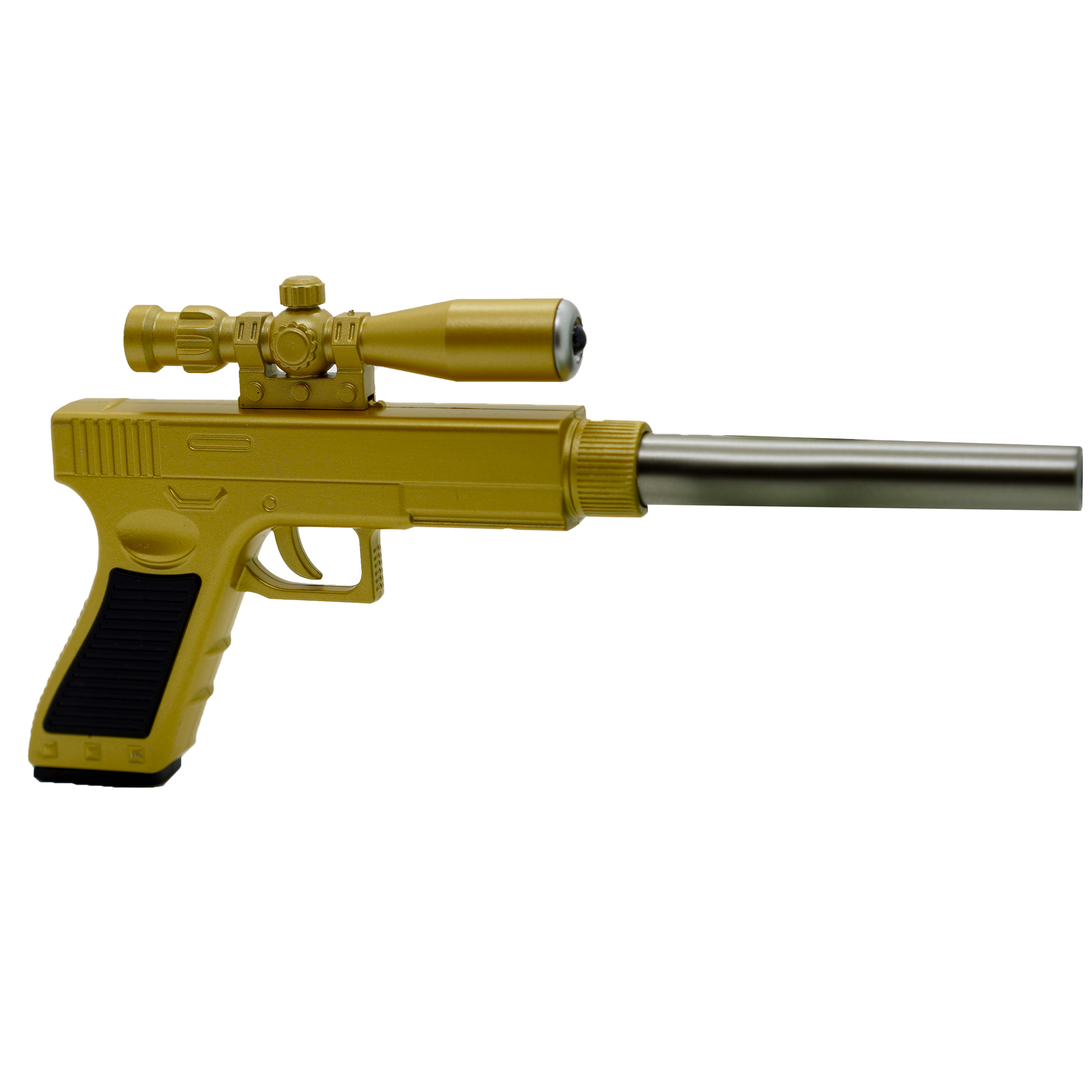 фото Ручка-пистолет с глушителем с фонариком золотистая nobrand