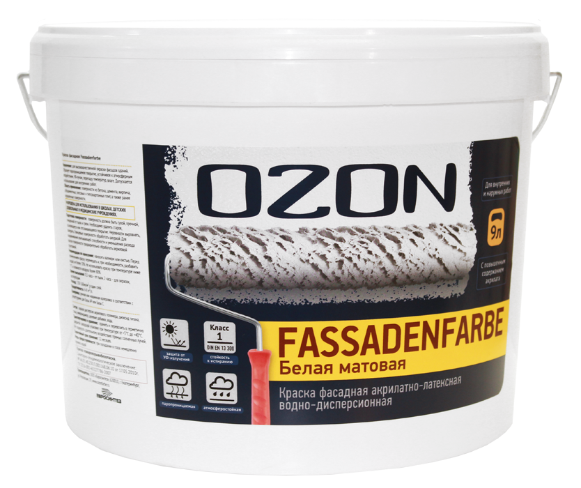 фото Ozon краска фасадная ozon fassadenfarbe вд-ак-112а-14 а (белая) 9л обычная ozone