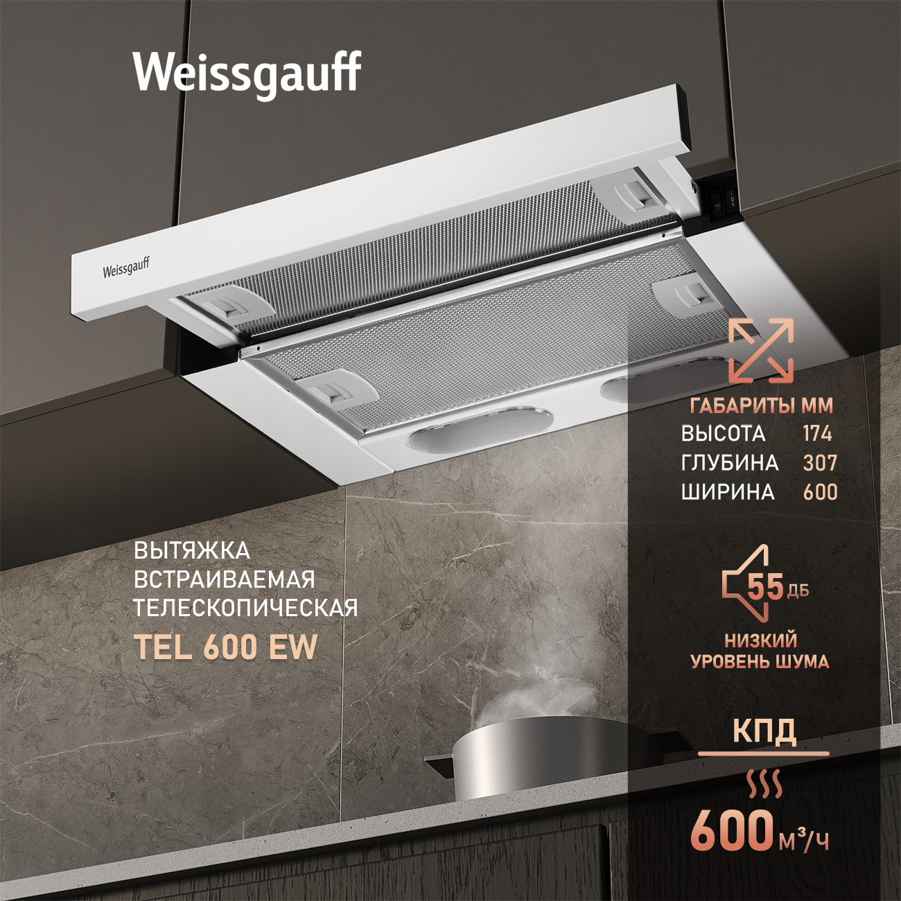 

Вытяжка встраиваемая Weissgauff TEL 600 EW White, Белый, 600 EW