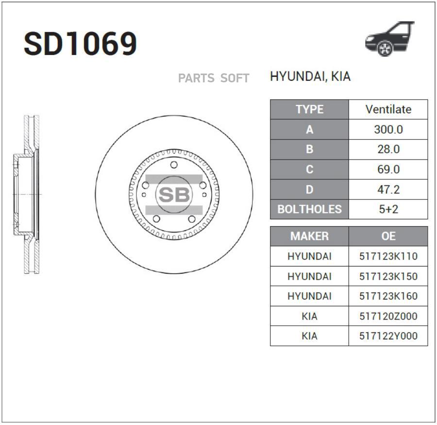 Диск тормозной передний HYUNDAI iX35KIA Sportage III 10- SANGSIN BRAKE SD1069 5770₽