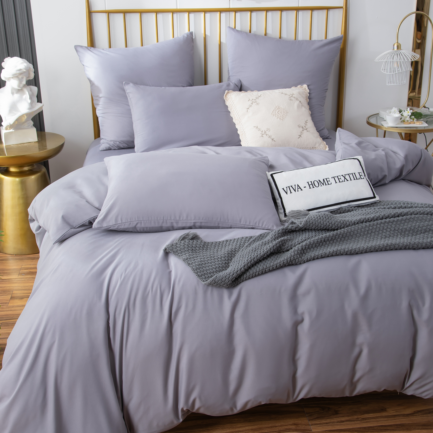 фото Комплект постельного белья ситрейд 2 спальный светло-серый на резинке, наволочки 50x70