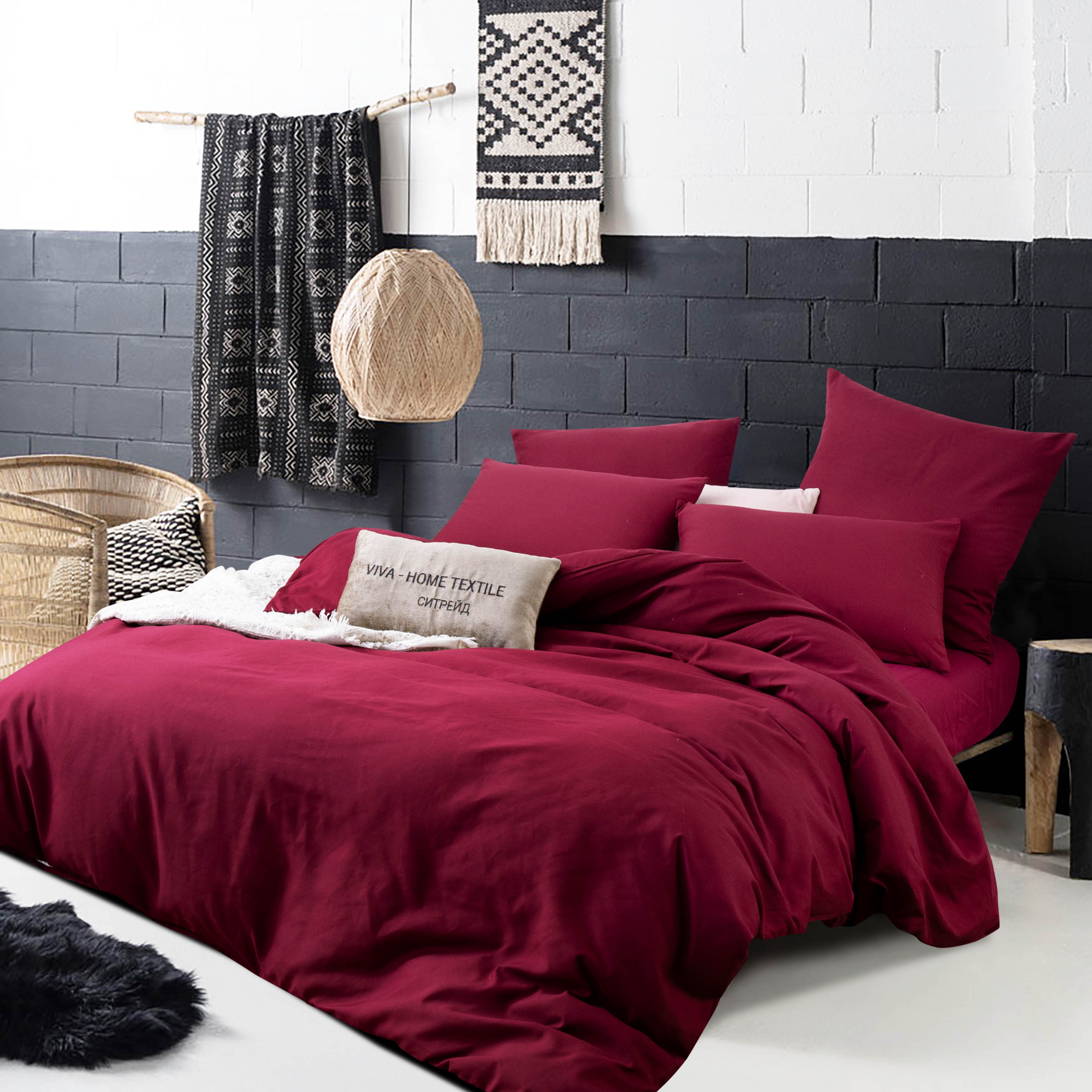 фото Комплект постельного белья ситрейд евро бордовый на резинке, наволочки 50x70, 70x70 4 шт.