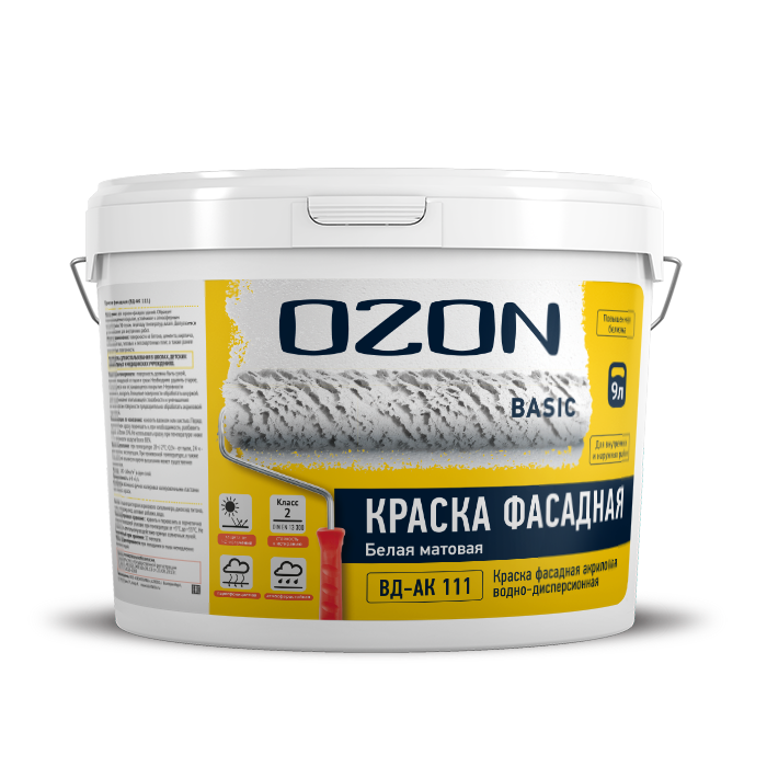 Краска фасадная акриловая укрывистая OZON Basic ВД-АК-111-13 белая 9л обычная фасадная краска ozon