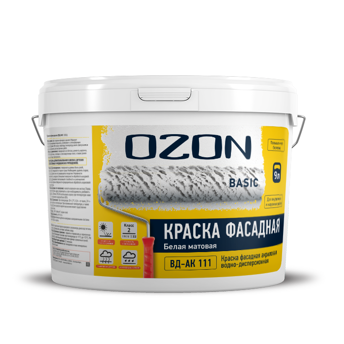 Краска фасадная акриловая укрывистая OZON Basic ВД-АК-111-13 белая 9л обычная