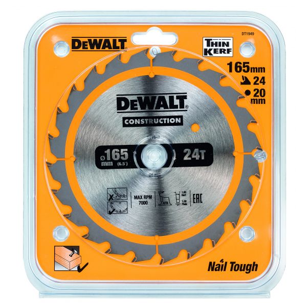 Пильный диск DEWALT DT1949-QZ, CONSTRUCTION по дереву с гвоздями 165/20, 24 ATB +24°