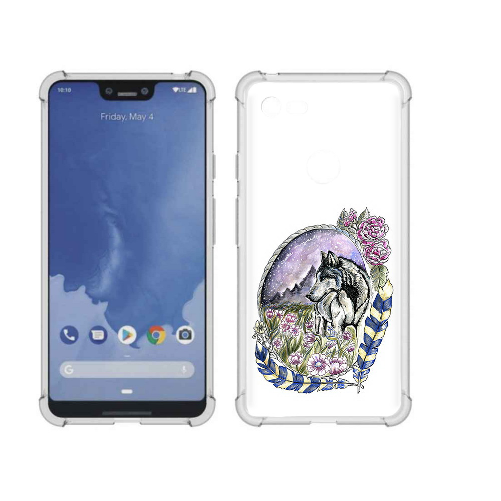 

Чехол MyPads Tocco для Google Pixel 3 XL нарисованный волк в цветах с перьями, Прозрачный, Tocco