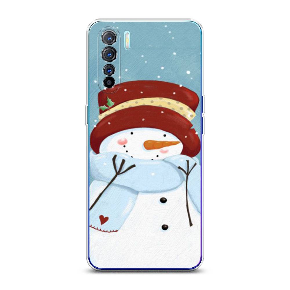 

Чехол на Oppo A91 "Застенчивый снеговик", Голубой;белый;красный, 252450-5