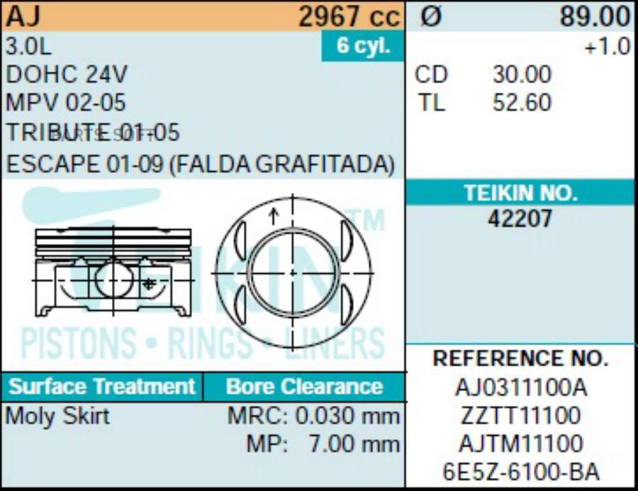 Поршень без колец Mazda AJ 3.0L V6 DOHC 24V 02-05 d89.0 STD (AJ0311100A/ZZTT11100)