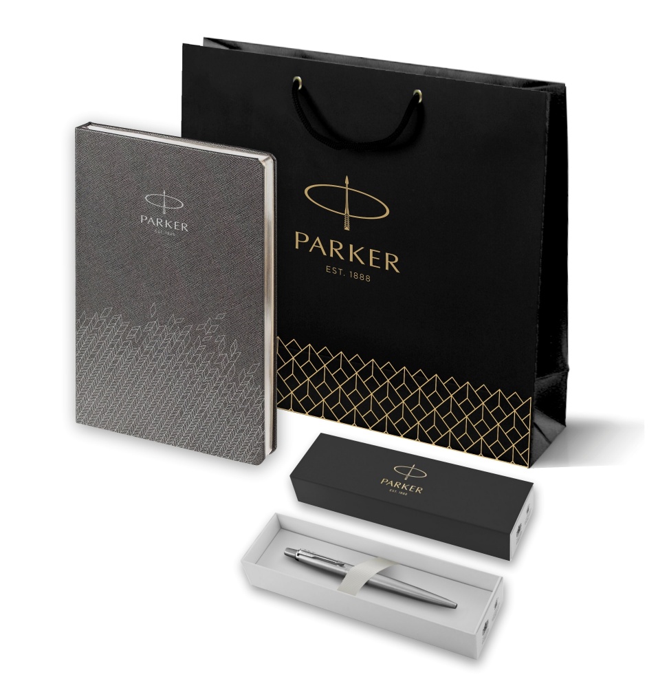 

Подарочный набор: Шариковая ручка Parker Jotter Essential St. Steel СT и Ежедневник серый, Подарочный набор: Шариковая ручка Parker Jotter Essential, St. Steel СT и Ежедневник недатированный, серый