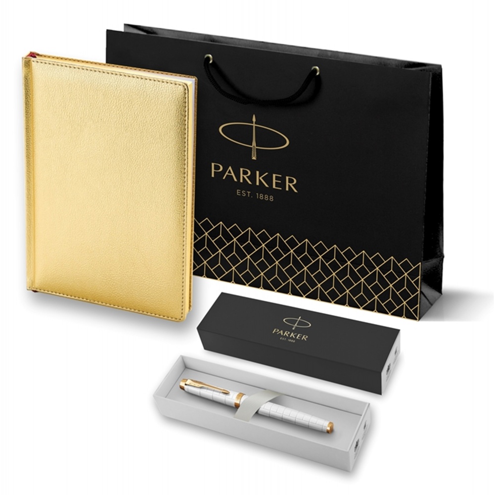 Подарочный набор: Ручка перьевая Parker IM Premium F318 Pearl GT и золотистый ежедевник