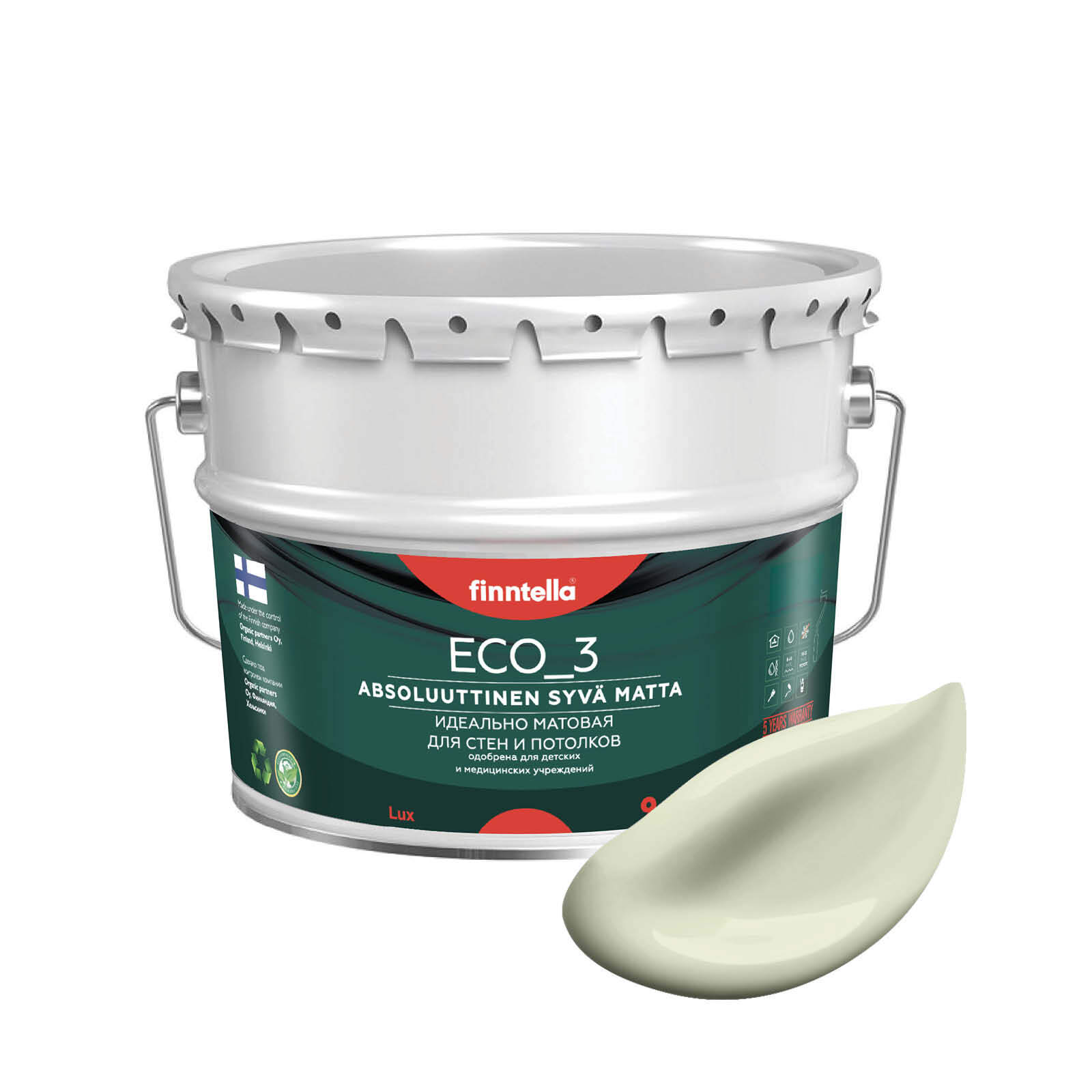 

Краска интерьерная глубокоматовая ECO_3 wash and clean FINNTELLA моющаяся, цвет LOOTUS, 9л, Зеленый, матовая для стен моющаяся ECO 3, для обоев под покраску