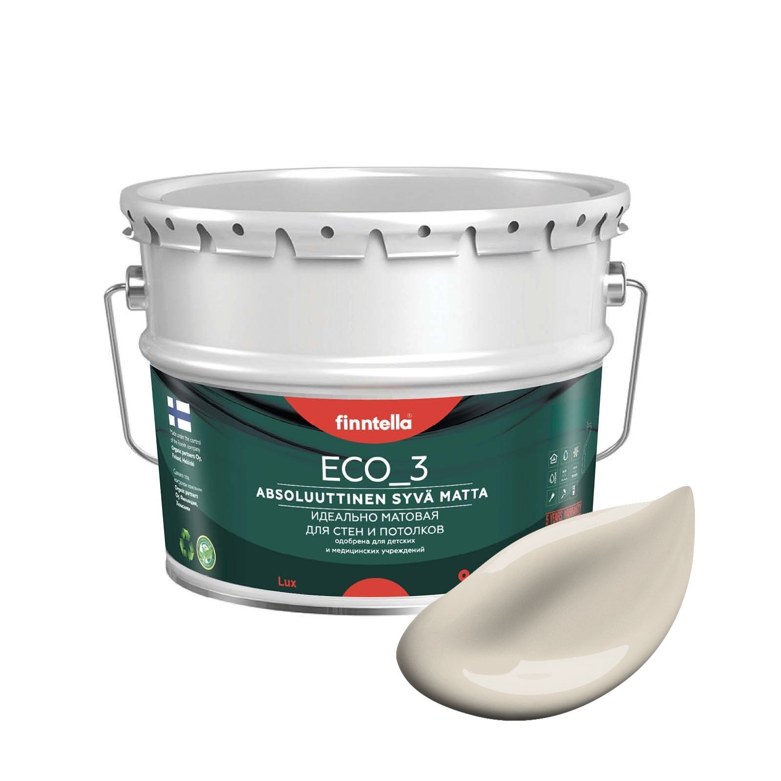 

Краска интерьерная глубокоматовая ECO_3 wash and clean FINNTELLA моющаяся, цвет RANTA, 9л, Бежевый, матовая для стен моющаяся ECO 3, для обоев под покраску