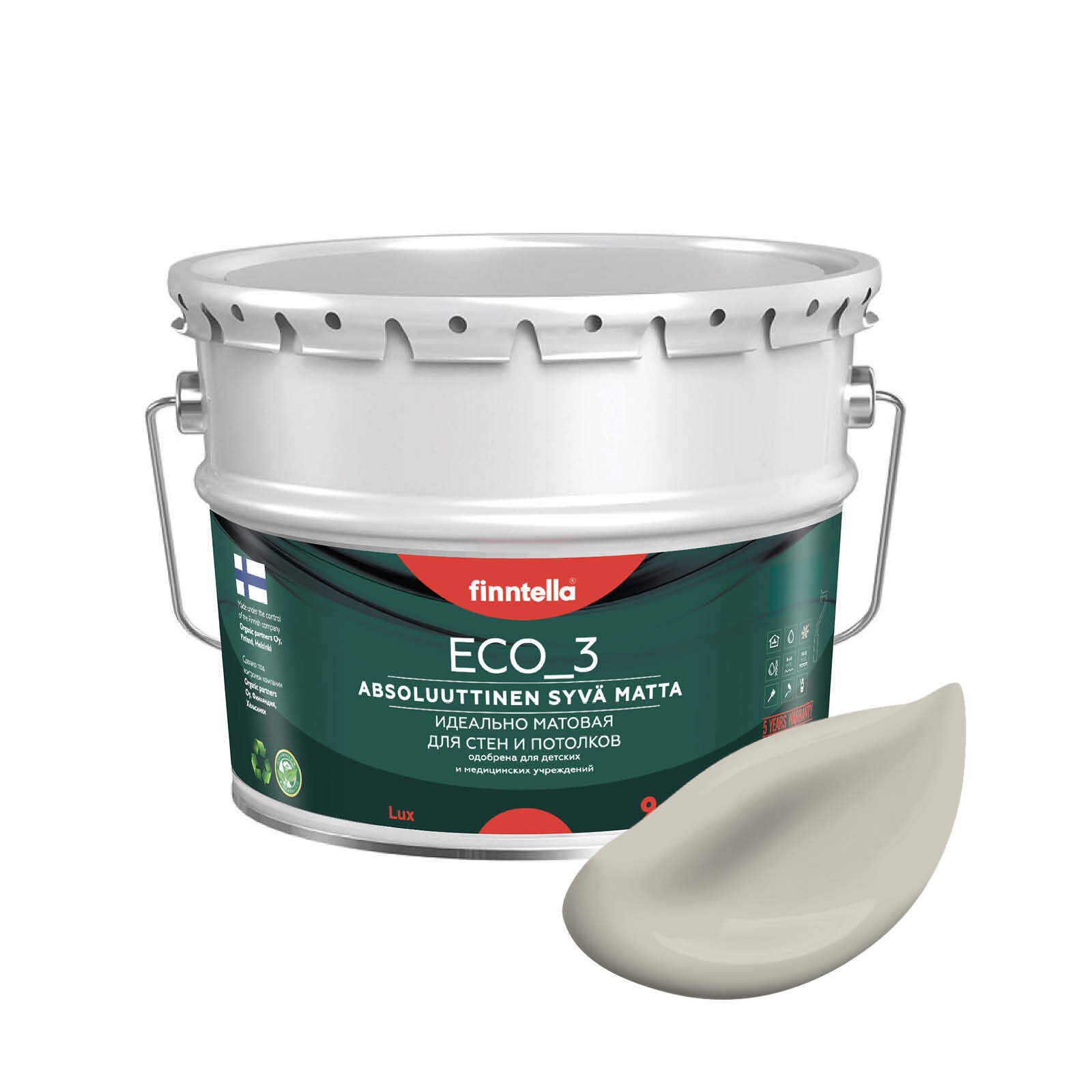 

Краска интерьерная глубокоматовая ECO_3 wash and clean FINNTELLA моющаяся, цвет SANSA, 9л, Серый, матовая для стен моющаяся ECO 3, для обоев под покраску