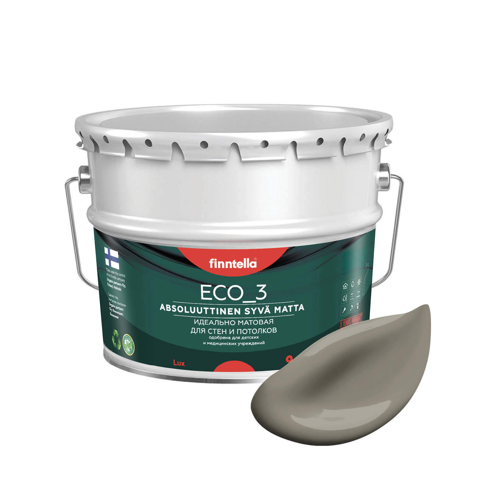 

Краска интерьерная глубокоматовая ECO_3 wash and clean FINNTELLA моющаяся, цвет MAA, 9л, Серый, матовая для стен моющаяся ECO 3, для обоев под покраску