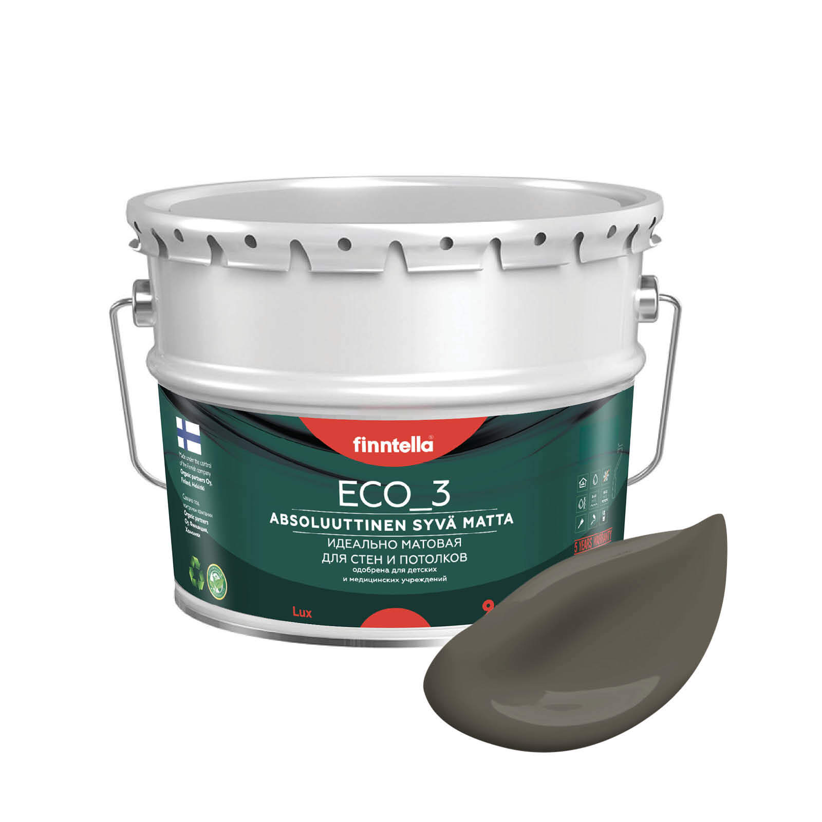 

Краска интерьерная глубокоматовая ECO_3 wash and clean FINNTELLA моющаяся, цвет TAUPE, 9л, Зеленый, матовая для стен моющаяся ECO 3, для обоев под покраску