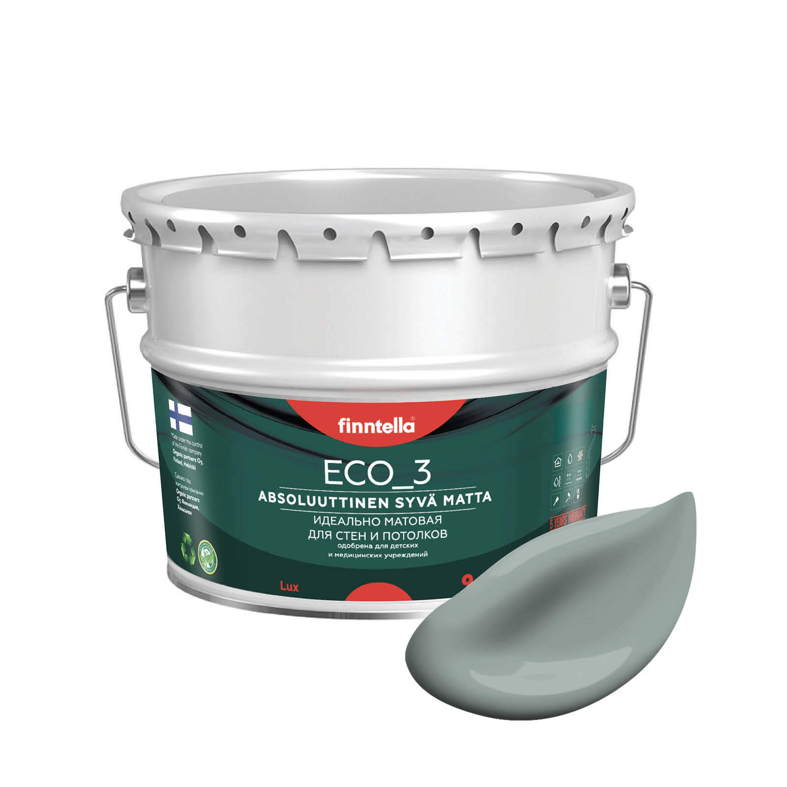 

Краска интерьерная глубокоматовая ECO_3 wash and clean FINNTELLA моющаяся, цвет SAMMAL, 9л, Серый, матовая для стен моющаяся ECO 3, для обоев под покраску