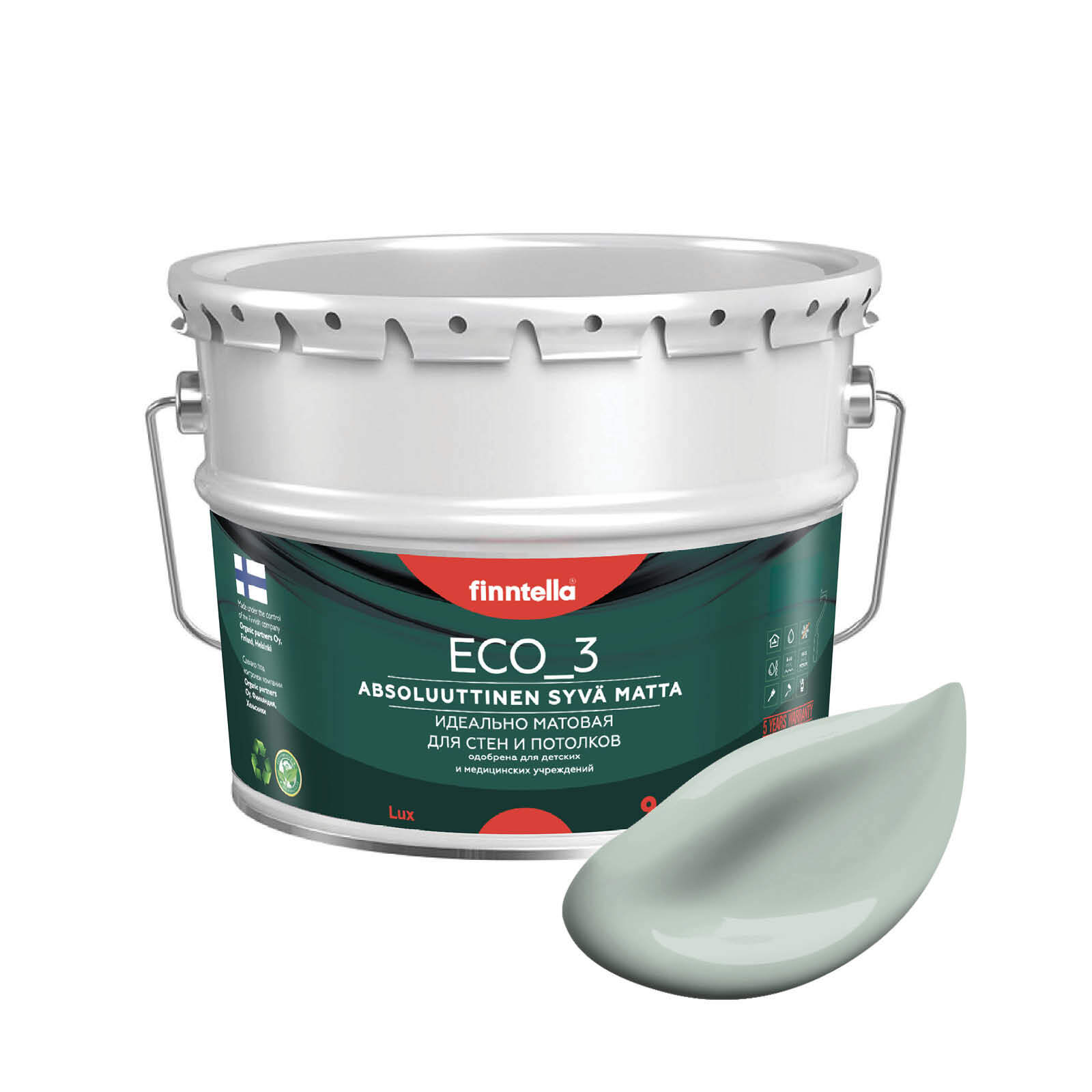 

Краска интерьерная глубокоматовая ECO_3 wash and clean FINNTELLA моющаяся, цвет AAVE, 9л, Зеленый, матовая для стен моющаяся ECO 3, для обоев под покраску