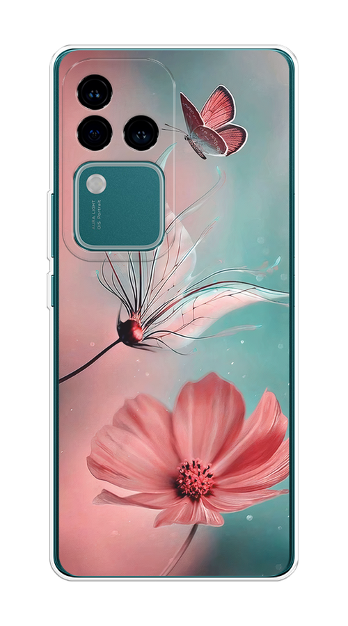 

Чехол на Vivo V30 Pro/S18 Pro "Бабочка и цветок", Голубой;розовый, 269950-1