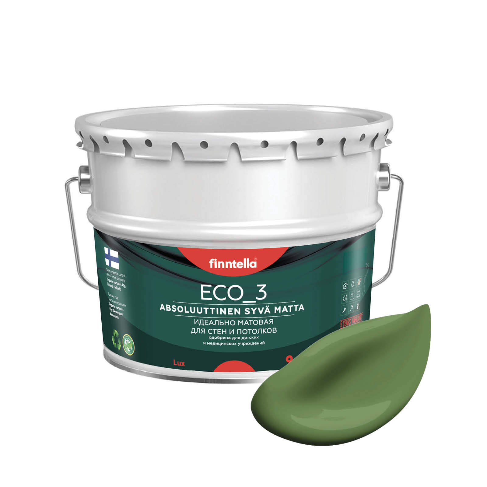 

Краска интерьерная глубокоматовая ECO_3 wash and clean FINNTELLA моющаяся, цвет VIHREА, 9л, Зеленый, матовая для стен моющаяся ECO 3, для обоев под покраску