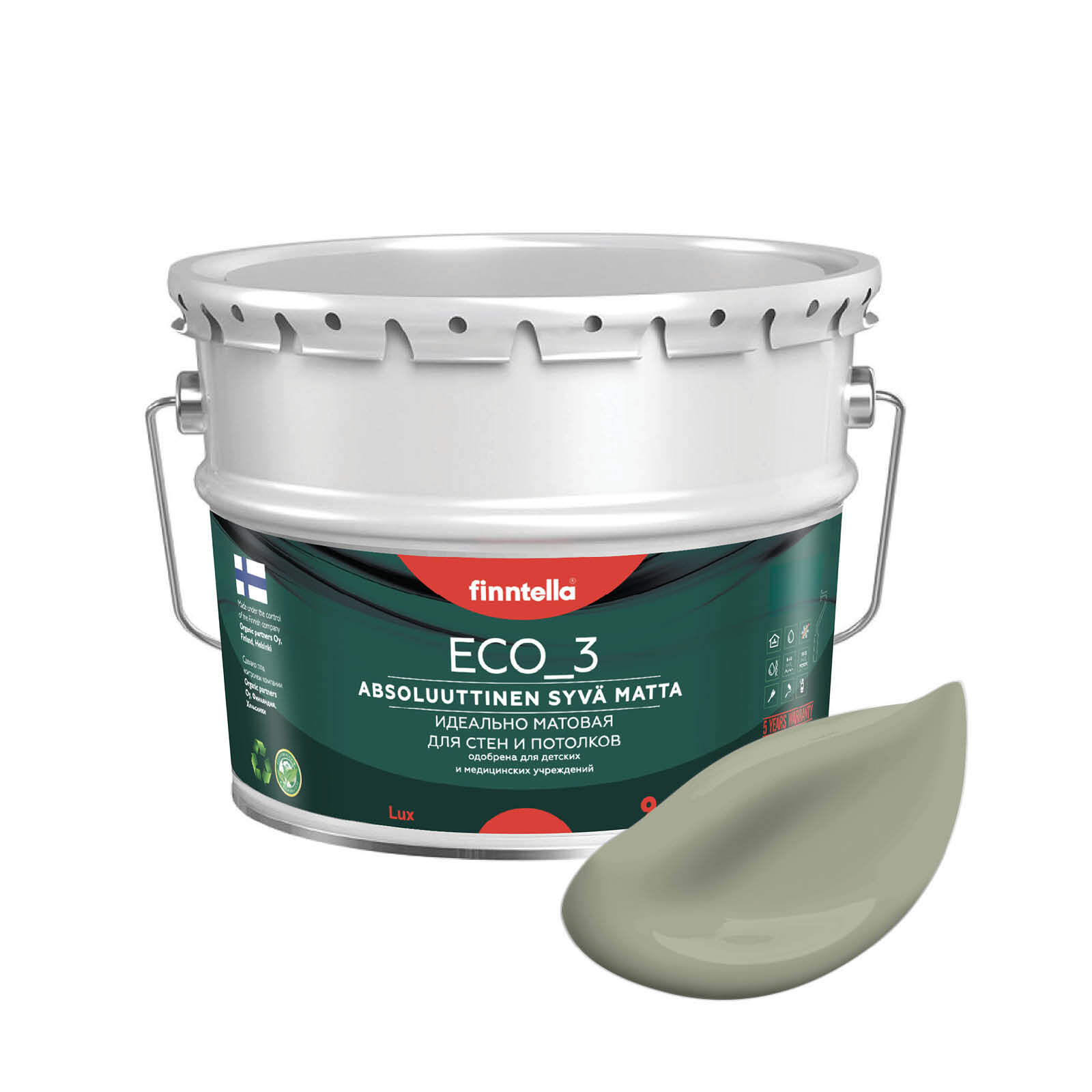 

Краска интерьерная глубокоматовая ECO_3 wash and clean FINNTELLA моющаяся, цвет SUOJAA, 9л, Зеленый, матовая для стен моющаяся ECO 3, для обоев под покраску