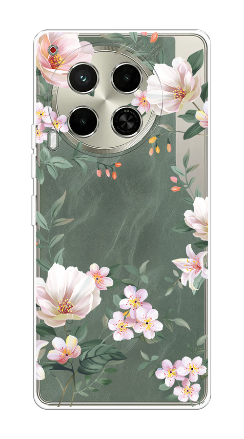 

Чехол на Tecno Camon 30 5G "Beautiful white flowers", Бежевый;зеленый, 305550-1