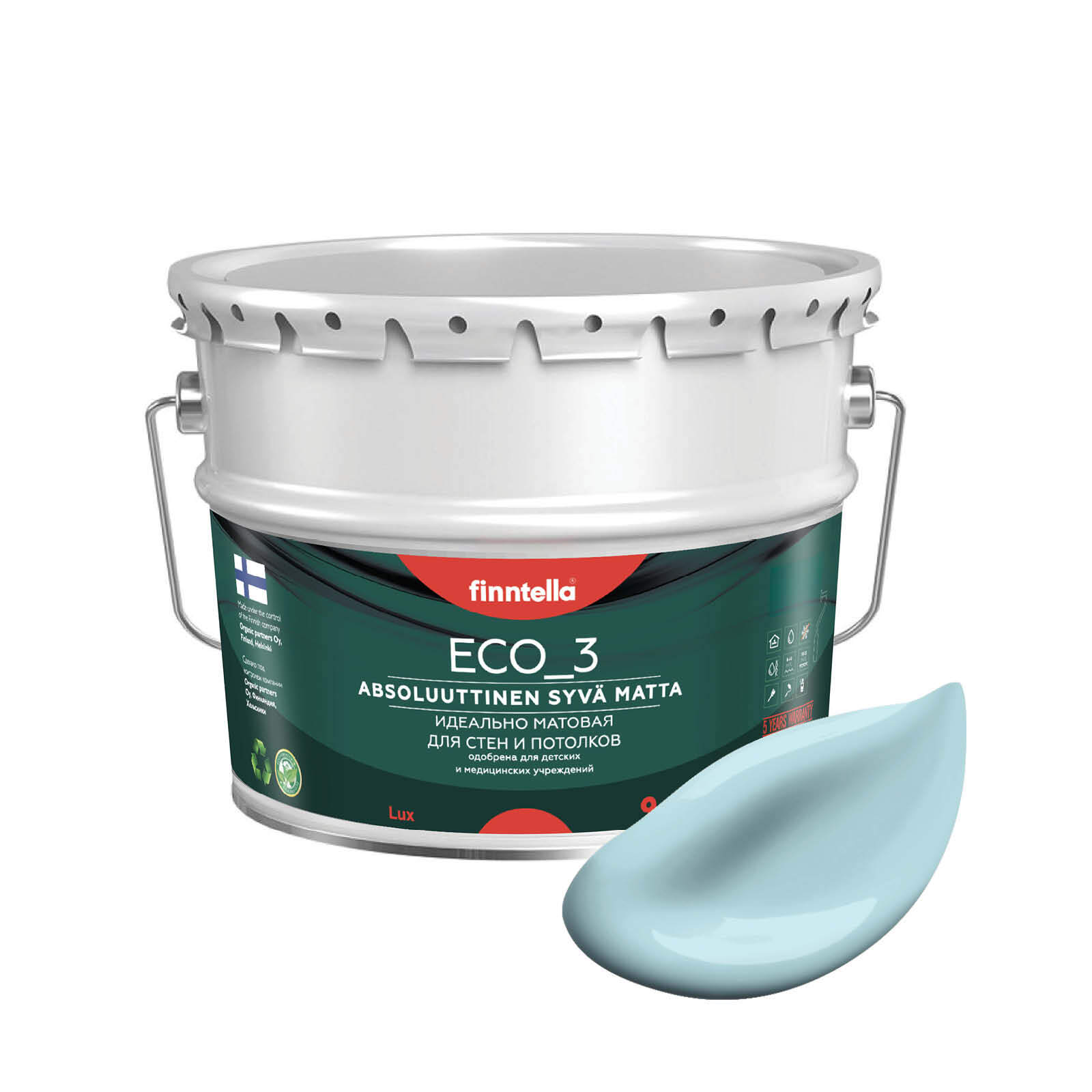 

Краска интерьерная глубокоматовая ECO_3 wash and clean FINNTELLA моющаяся, цвет JААTА, 9л, Голубой, матовая для стен моющаяся ECO 3, для обоев под покраску