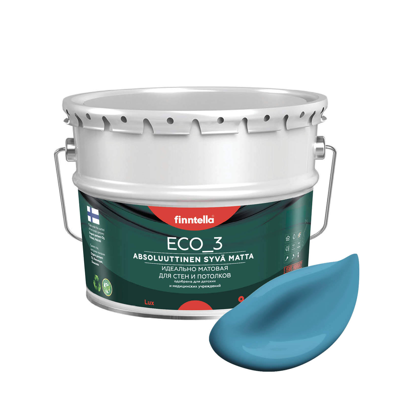 

Краска интерьерная глубокоматовая ECO_3 wash and clean FINNTELLA моющаяся, цвет AIHIO, 9л, Голубой, матовая для стен моющаяся ECO 3, для обоев под покраску