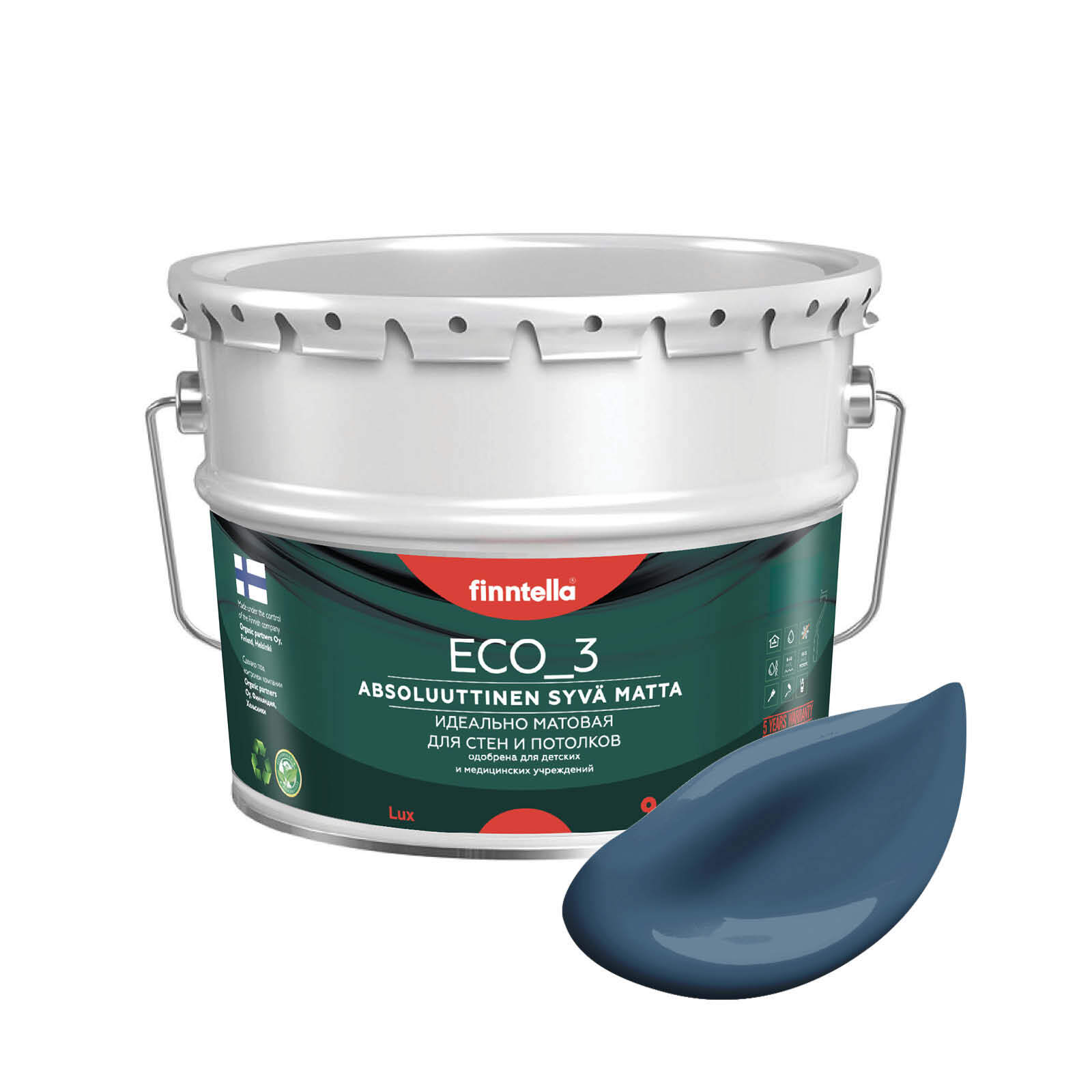 

Краска интерьерная глубокоматовая ECO_3 wash and clean FINNTELLA моющаяся, цвет BONDII, 9л, Синий, матовая для стен моющаяся ECO 3, для обоев под покраску