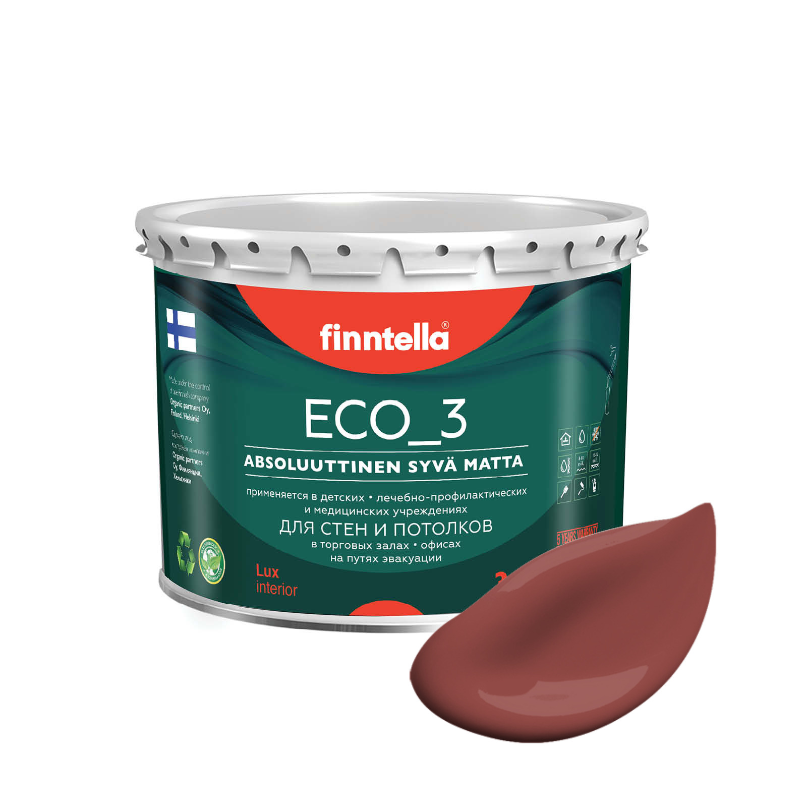 

Краска интерьерная глубокоматовая ECO_3 wash and clean FINNTELLA моющаяся, PAVUT тёмно-кра, Красный, матовая для стен моющаяся ECO 3, для обоев под покраску