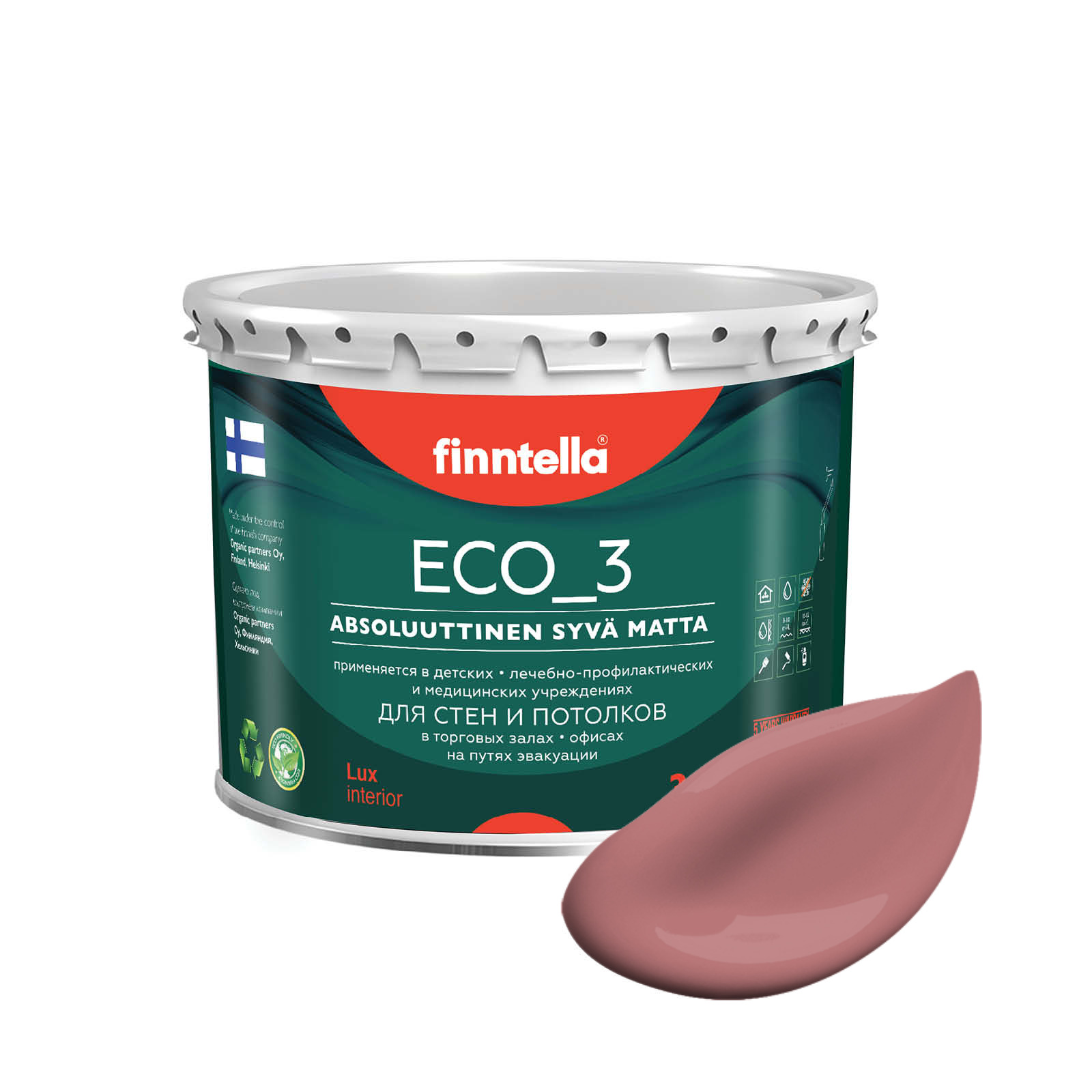 

Краска интерьерная глубокоматовая ECO_3 wash and clean FINNTELLA моющаяся, KUUTIO тёмно-ро, Розовый, матовая для стен моющаяся ECO 3, для обоев под покраску