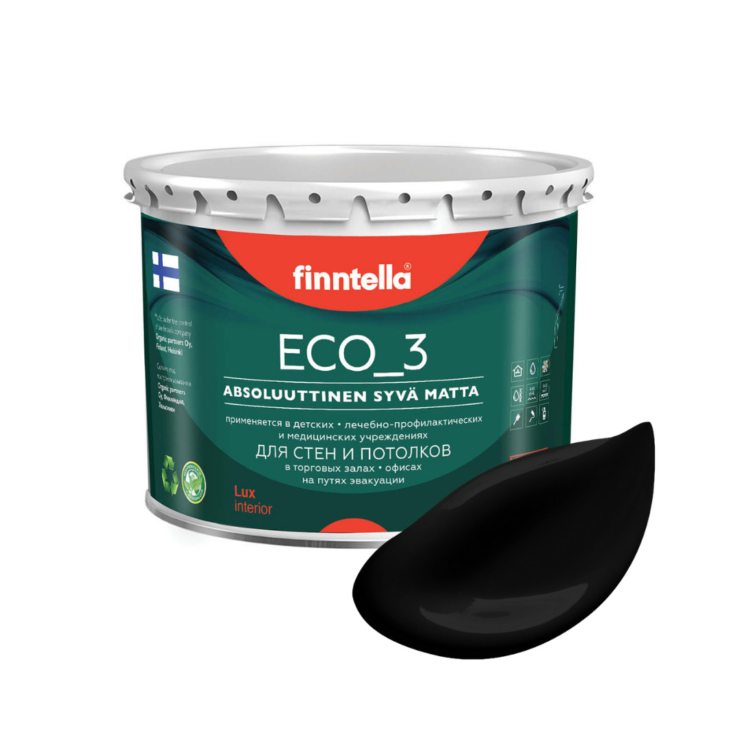 

Краска интерьерная глубокоматовая ECO_3 wash and clean FINNTELLA моющаяся, MUSTA черный, 2, матовая для стен моющаяся ECO 3, для обоев под покраску