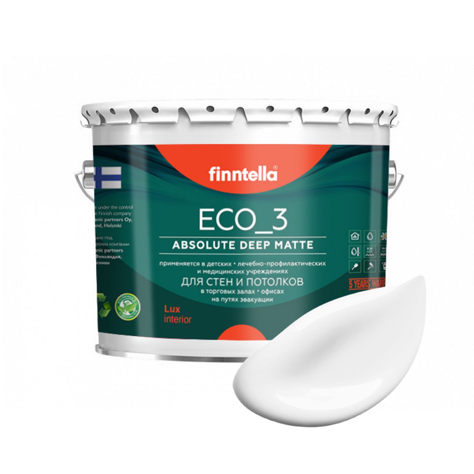 

Краска интерьерная глубокоматовая ECO_3 wash and clean FINNTELLA моющаяся, LUMI белый, 2,7, матовая для стен моющаяся ECO 3, для обоев под покраску