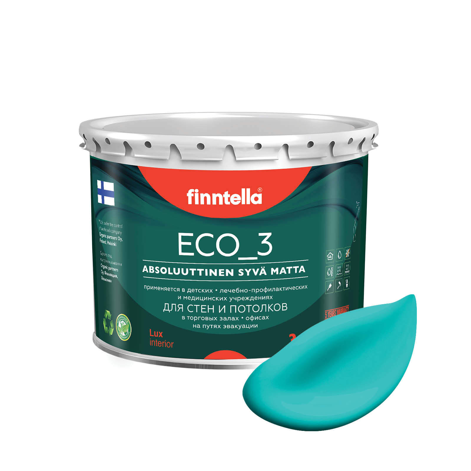 

Краска интерьерная глубокоматовая ECO_3 wash and clean FINNTELLA моющаяся, AKVAMARIINI бир, Зеленый, матовая для стен моющаяся ECO 3, для обоев под покраску