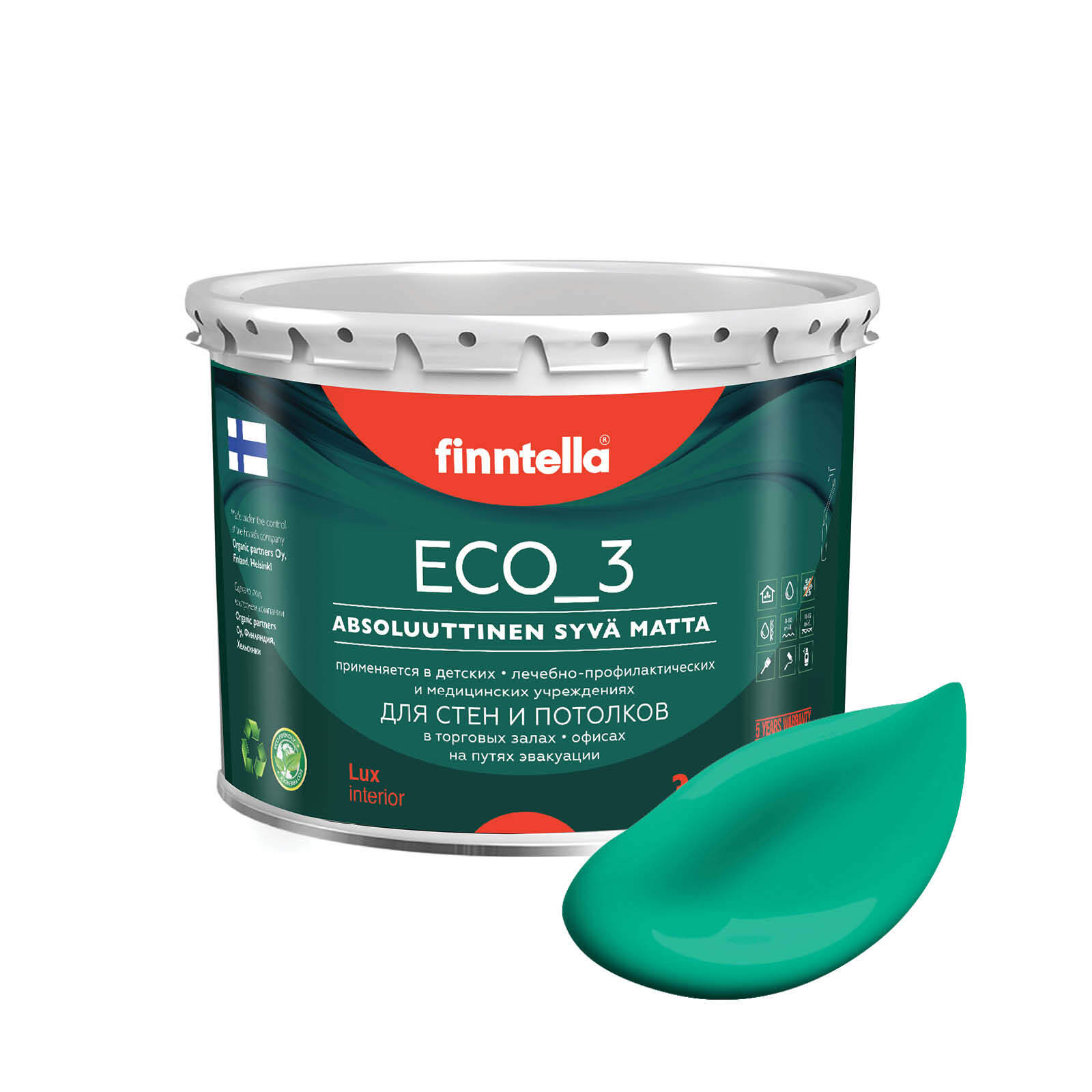 

Краска интерьерная глубокоматовая ECO_3 wash and clean FINNTELLA моющаяся, SMARAGDI изумру, Зеленый, матовая для стен моющаяся ECO 3, для обоев под покраску
