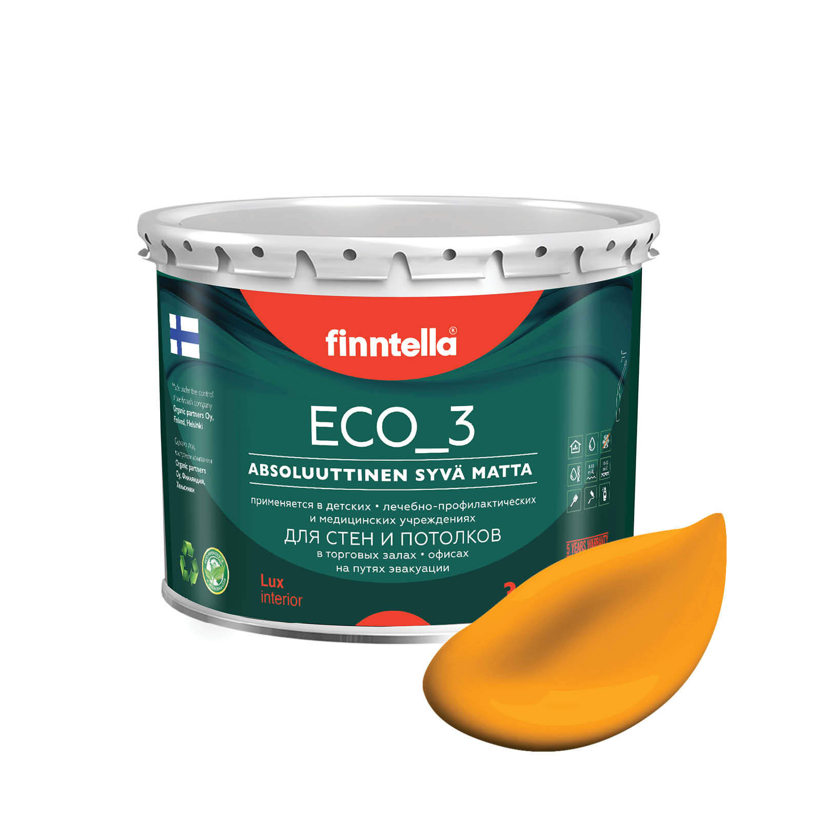 

Краска интерьерная глубокоматовая ECO_3 wash and clean FINNTELLA моющаяся, LIEKKI пламенны, Желтый, матовая для стен моющаяся ECO 3, для обоев под покраску