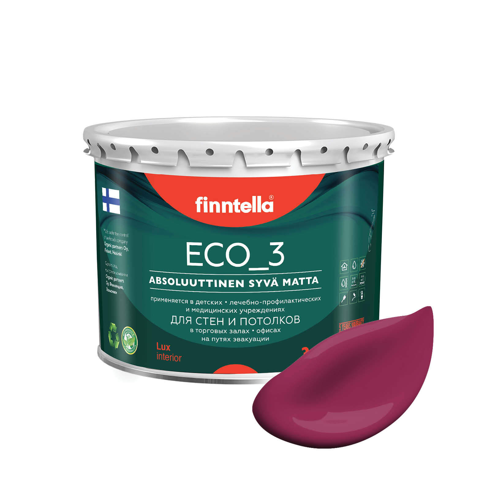 

Краска интерьерная глубокоматовая ECO_3 wash and clean FINNTELLA моющаяся, KIRSIKKA светла, Бордовый, матовая для стен моющаяся ECO 3, для обоев под покраску