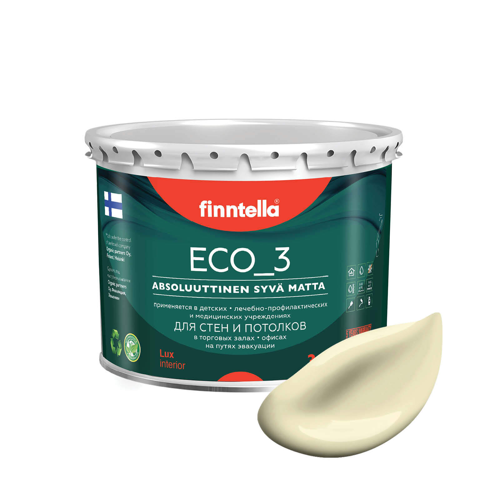 

Краска интерьерная глубокоматовая ECO_3 wash and clean FINNTELLA моющаяся, цвет IVORY, 2,7, Желтый, матовая для стен моющаяся ECO 3, для обоев под покраску