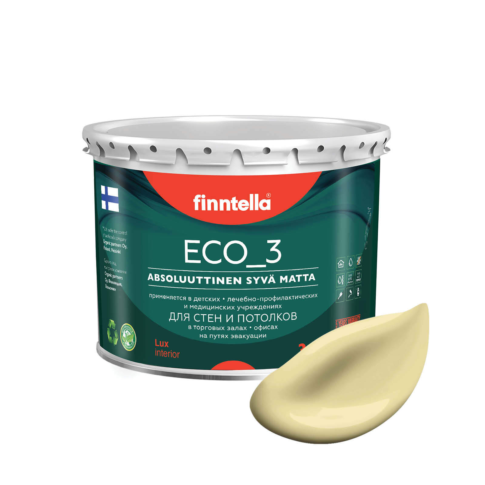 

Краска интерьерная глубокоматовая ECO_3 wash and clean FINNTELLA моющаяся, цвет HIRSSI, 2,, Желтый, матовая для стен моющаяся ECO 3, для обоев под покраску