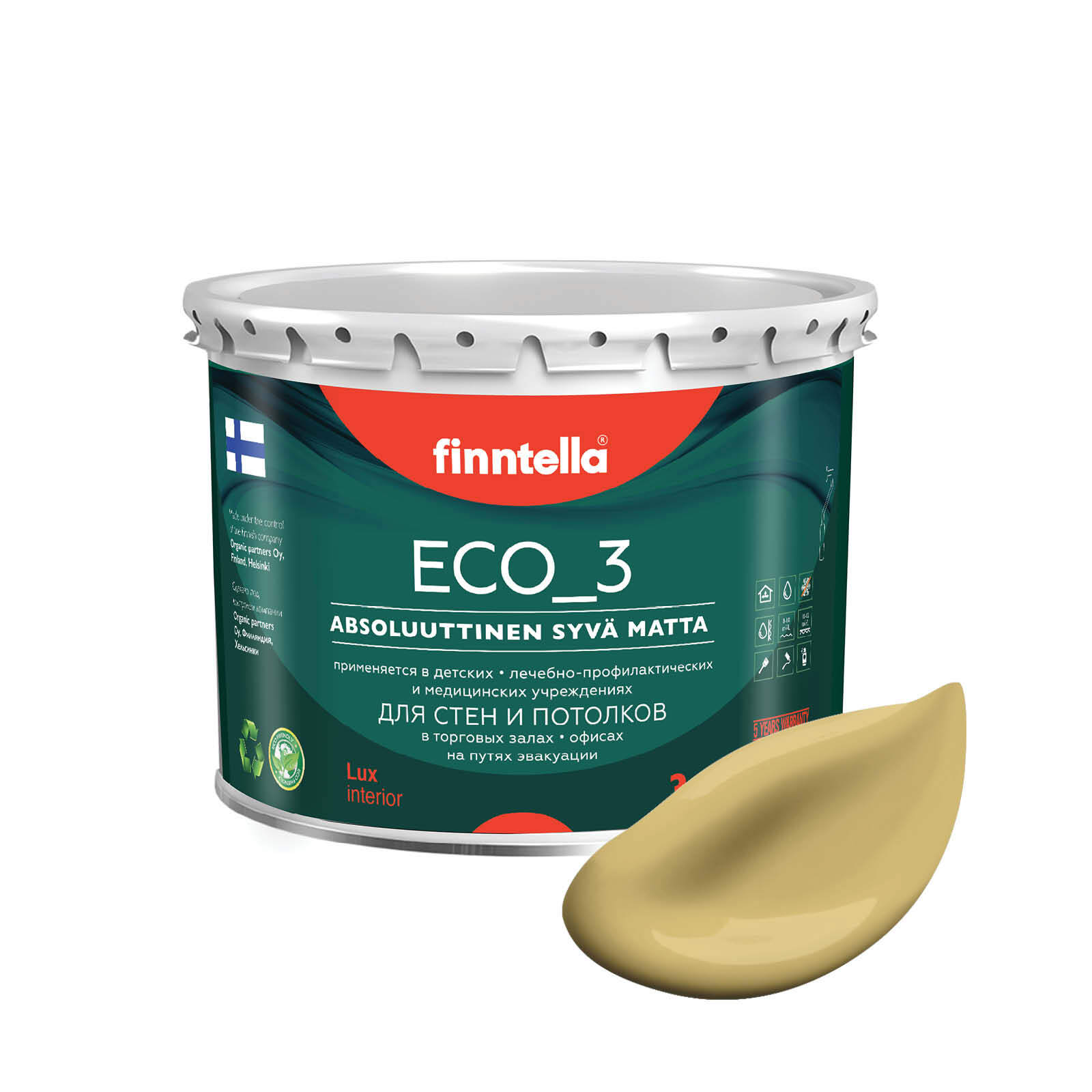 

Краска интерьерная глубокоматовая ECO_3 wash and clean FINNTELLA моющаяся, цвет SYKSY, 2,7, Желтый, матовая для стен моющаяся ECO 3, для обоев под покраску