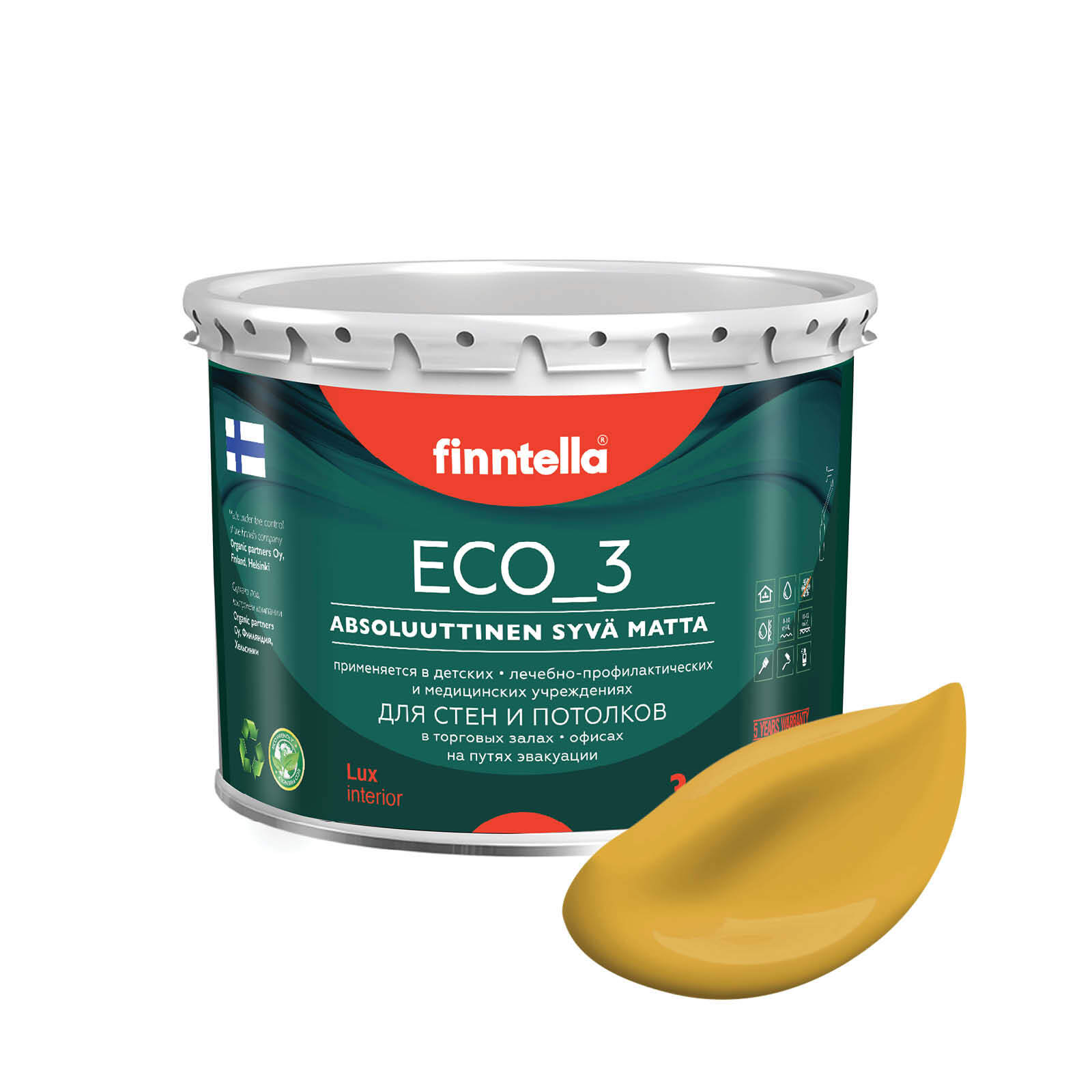 

Краска интерьерная глубокоматовая ECO_3 wash and clean FINNTELLA моющаяся, цвет OKRA, 2,7л, Желтый, матовая для стен моющаяся ECO 3, для обоев под покраску