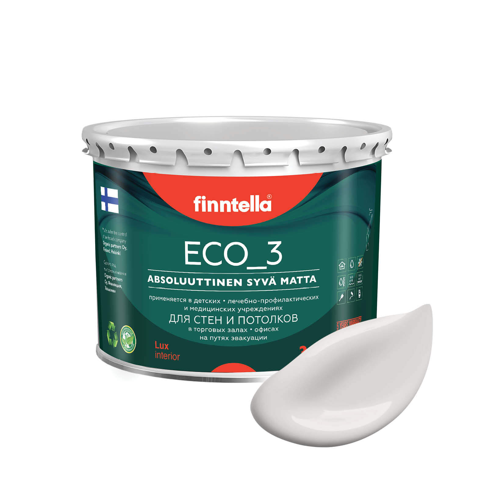 

Краска интерьерная глубокоматовая ECO_3 wash and clean FINNTELLA моющаяся, цвет HOYRYA, 2,, Белый, матовая для стен моющаяся ECO 3, для обоев под покраску