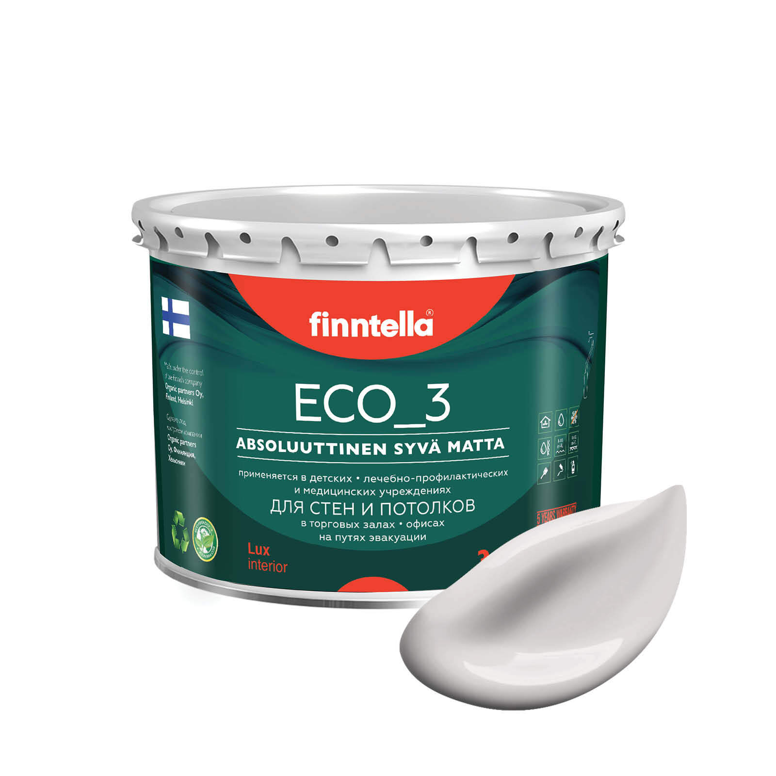 

Краска интерьерная глубокоматовая ECO_3 wash and clean FINNTELLA моющаяся, цвет ARKUUS, 2,, Белый, матовая для стен моющаяся ECO 3, для обоев под покраску