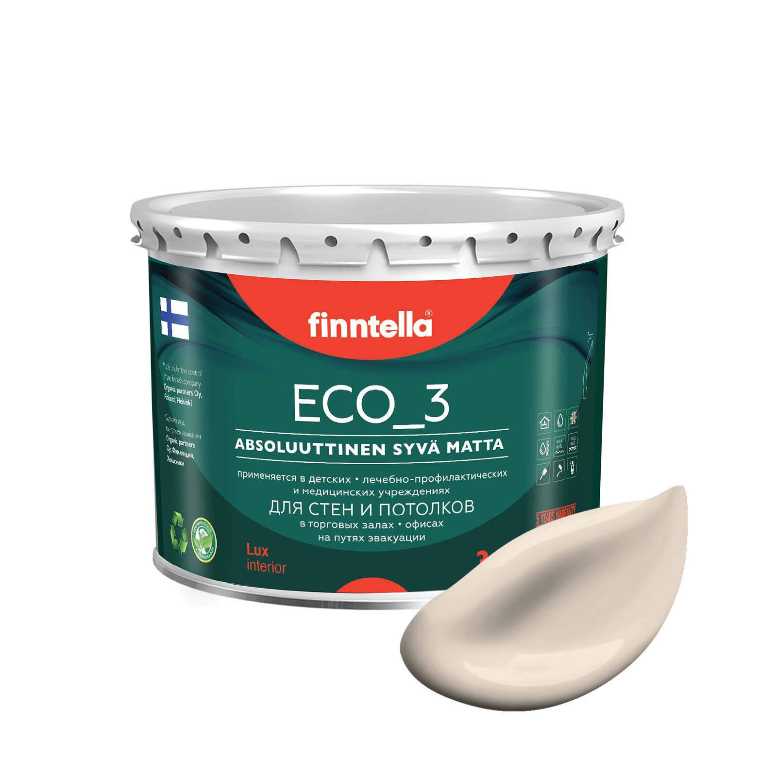 

Краска интерьерная глубокоматовая ECO_3 wash and clean FINNTELLA моющаяся, цвет SILKKI, 2,, Бежевый, матовая для стен моющаяся ECO 3, для обоев под покраску